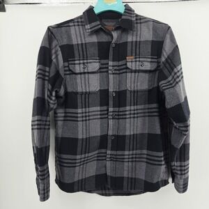 Orvis Shirt Mens Medium Gray Black Plaid Flannel Double Pocket Outdoors Shacket